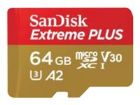 SanDisk Extreme PLUS - Flash-muistikortti (microSDXC to SD -adapteri sisältyvä) - 64 Gt - A2 / Video Class V30 / UHS-I U3 / Class10 - microSDXC UHS-I SDSQXBU-064G-GN6MA