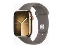 Apple Watch Series 9 (GPS + Cellular) - 45 mm - kulta ruostumaton teräs - älykello kanssa urheiluranneke - fluoroelastomeeri - savi pannan koko: M/L - 64 Gt - Wi-Fi, Bluetooth, UWB, LTE - 4G - 51.5 g MRMT3KS/A