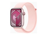 Apple Watch Series 9 (GPS + Cellular) - 45 mm - pinkki alumiini - älykello kanssa urheiluranneke - pehmeä kaksikerroksinen nailon - vaalea pinkki - 64 Gt - Wi-Fi, LTE, UWB, Bluetooth - 4G - 39 g MRMM3KS/A