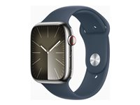 Apple Watch Series 9 (GPS + Cellular) - 45 mm - hopea ruostumaton teräs - älykello kanssa urheiluranneke - fluoroelastomeeri - myrskynsininen pannan koko: M/L - 64 Gt - Wi-Fi, LTE, UWB, Bluetooth - 4G - 51.5 g MRMP3KS/A