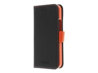 Insmat Exclusive Flip Case - Läppäkansi matkapuhelimelle - aito nahka, polykarbonaatti, puuvillaompeleet, pahvi + paperi - musta ja oranssi malleihin Apple iPhone 14 650-3101